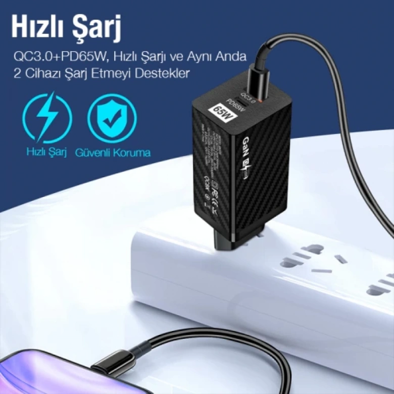 ALLY PD 65W GaN USB + Type-C Hızlı Şarj Başlığı Şarj Aleti