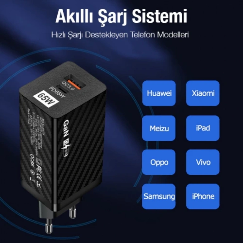 ALLY PD 65W GaN USB + Type-C Hızlı Şarj Başlığı Şarj Aleti