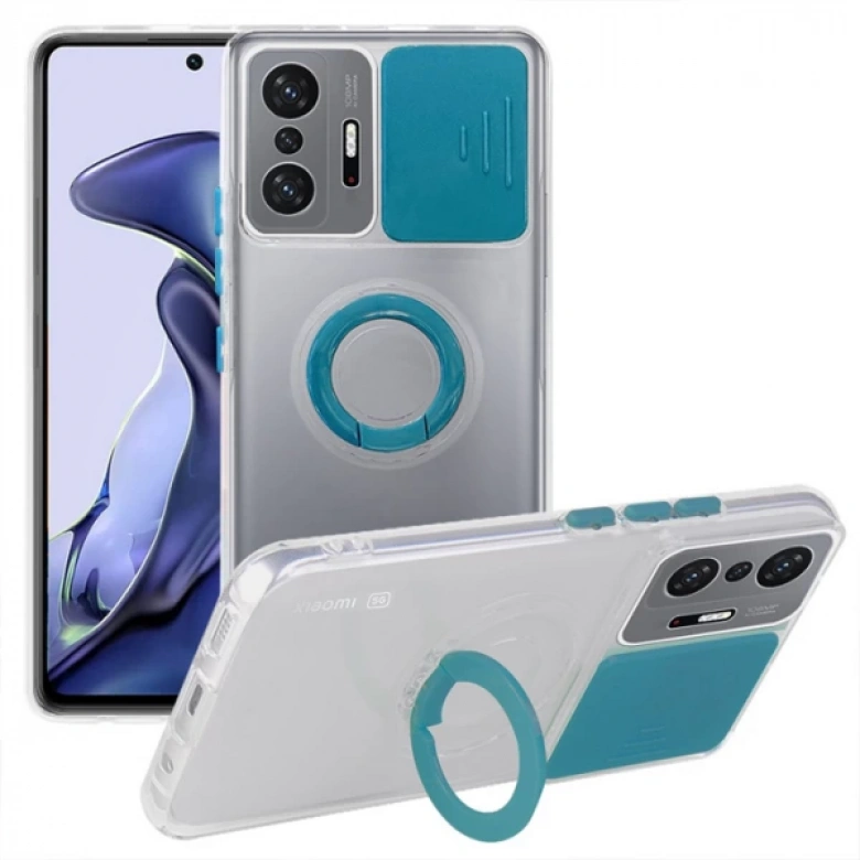 Ally Xiaomi 11T - 11T Pro 5G Kılıf Sürgülü Kamera Lens Korumalı Yüzük Standlı Silikon Kılıf