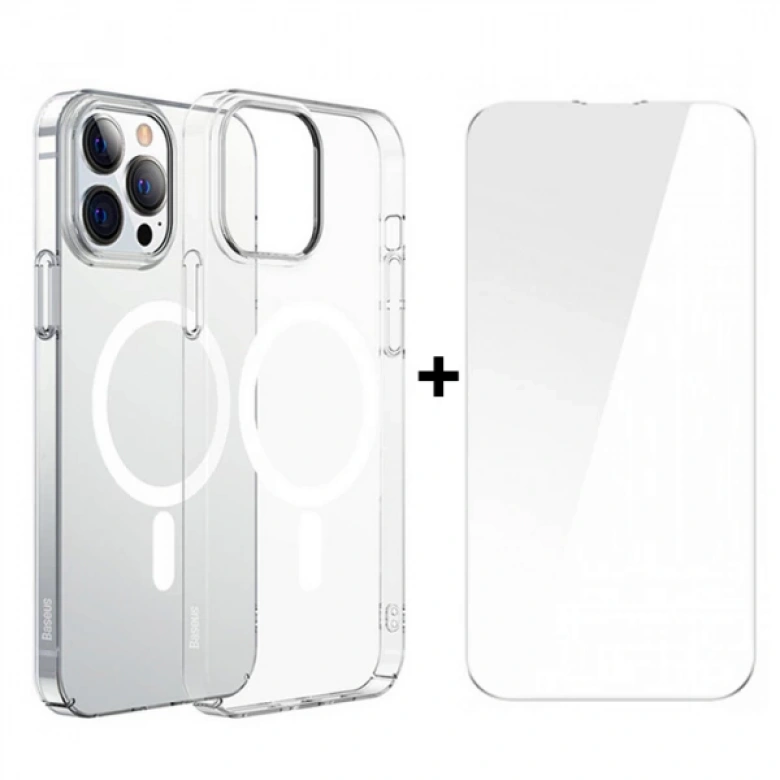 Baseus Crystal iPhone 13 Pro Max 6.7 Magsafe Silikon Kılıf + Tempered Ekran Koruyucu Set