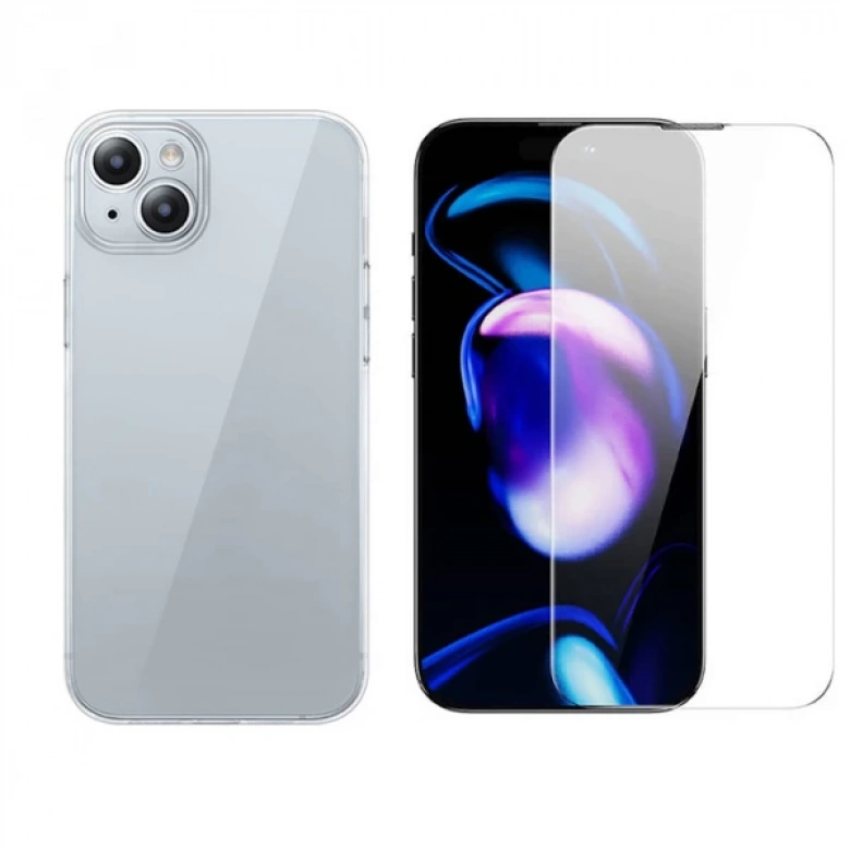 Baseus iPhone 15 Plus Schott Serisi Şeffaf Silikon Kılıf + Tempered Ekran Koruyucu Set
