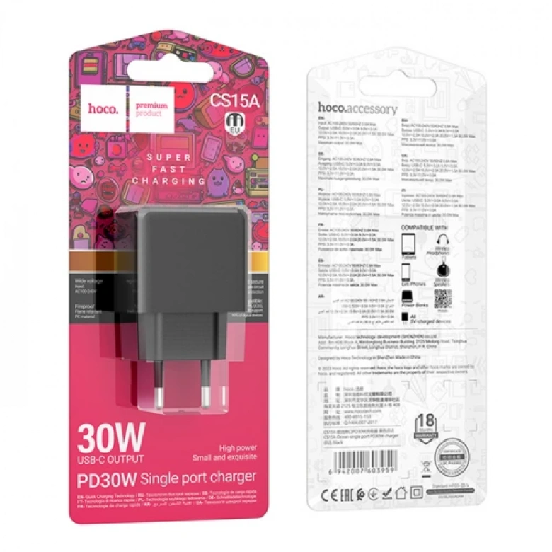 HOCO CS15A PD30W Type-C Girişli Hızlı Şarj Adaptörü Başlığı