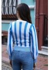 Çizgili Tasarım Triko Bluz - MAVİ