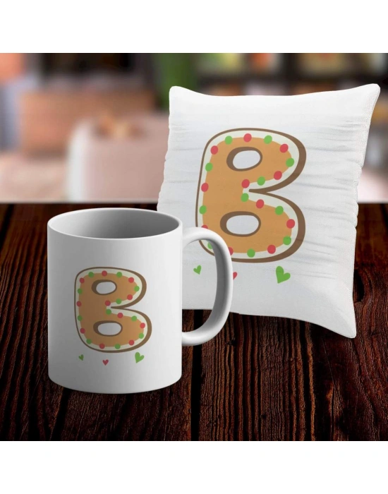 B Harfi Tasarımlı Kupa ve Yastık Kılıfı Hediye Seti