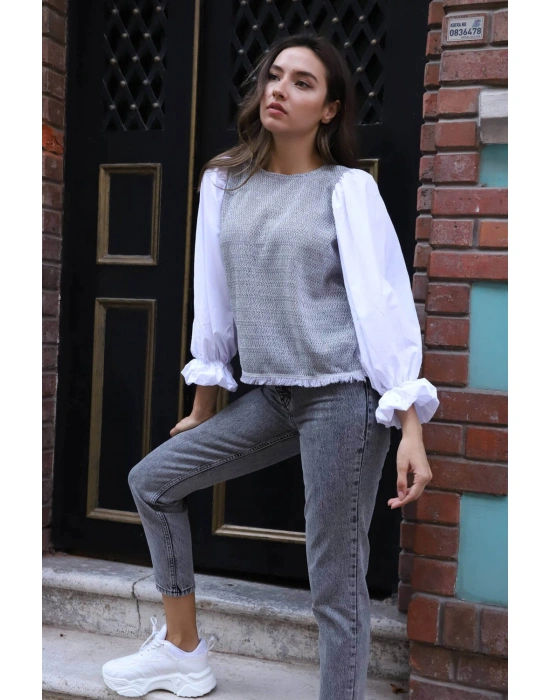 Balon Kol Bluz - BEYAZ