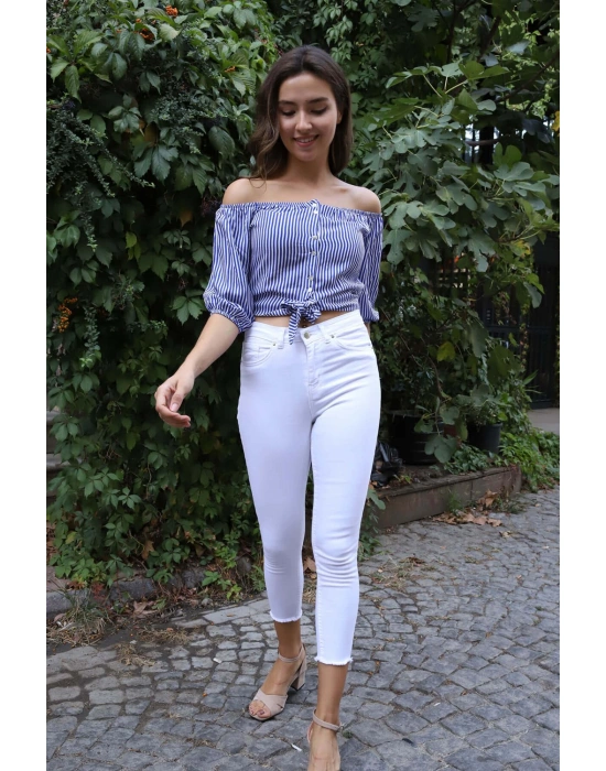 Belden Bağlamalı Bluz - MAVİ