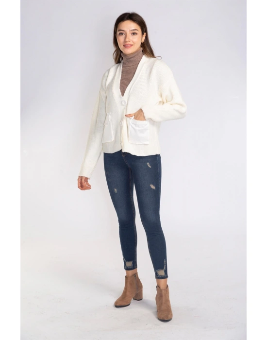 Cep ve Düğme Detaylı Hırka-EKRU