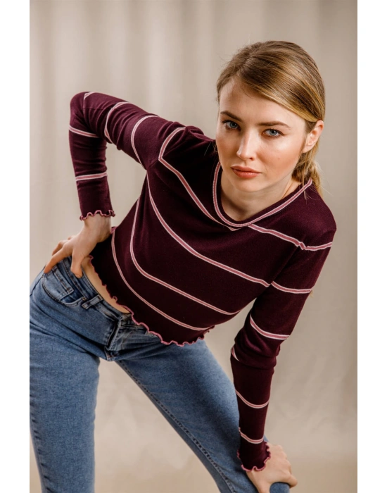 Çizgili Crop Triko - BORDO