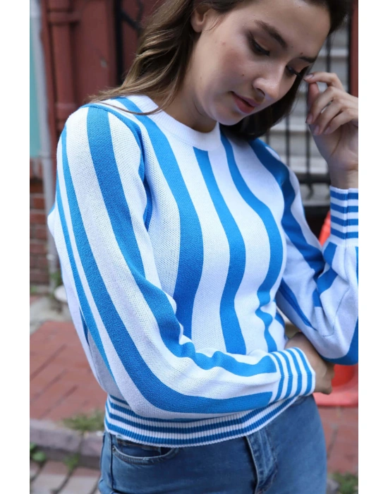 Çizgili Tasarım Triko Bluz - MAVİ