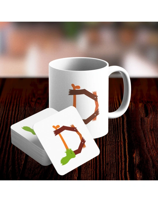 D Harfi Tasarımlı Kupa ve Bardak Altlığı Seti