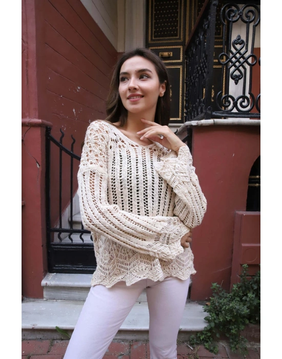 Delikli Merserize Kazak - KREM