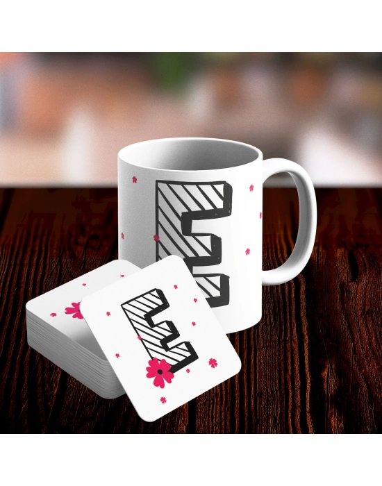 E Harfi Tasarımlı Kupa ve Bardak Altlığı Seti