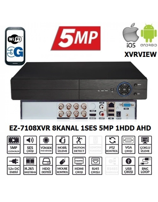 EZCOOL EZ-7108XVR 8CH 5MP KOAKSIYEL SES XVRVIEW