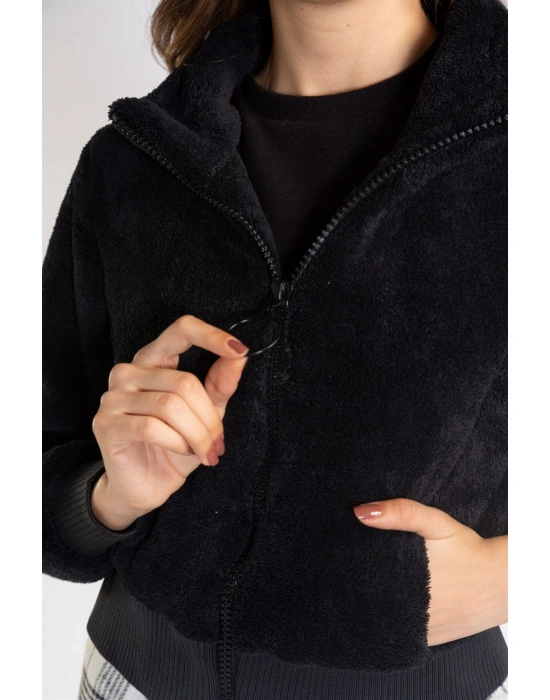 Fermuarlı Mevsimlik Peluş Ceket-SİYAH