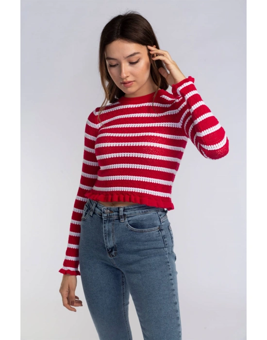 Fırfır Detaylı Çizgili Triko Bluz-KIRMIZI