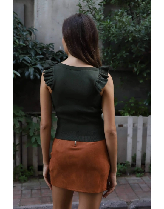 Fırfır Detaylı Triko Bluz - HAKİ