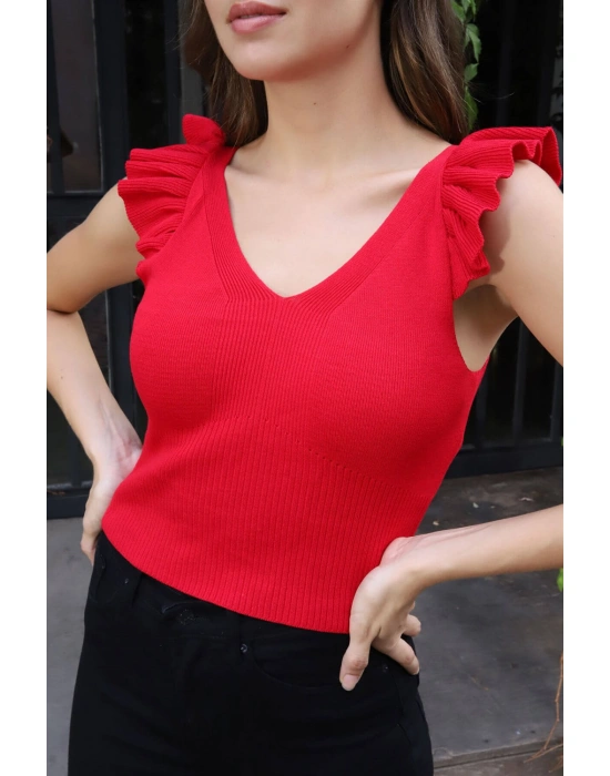 Fırfır Detaylı Triko Bluz - KIRMIZI