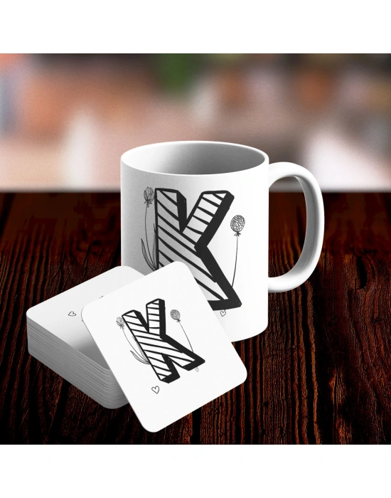 K Harfi Tasarımlı Kupa ve Bardak Altlığı Seti