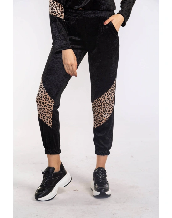 Leopar Desenli Kadife Takım-SİYAH