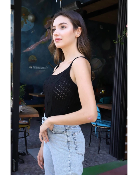 Merserize Askılı Bluz - SİYAH