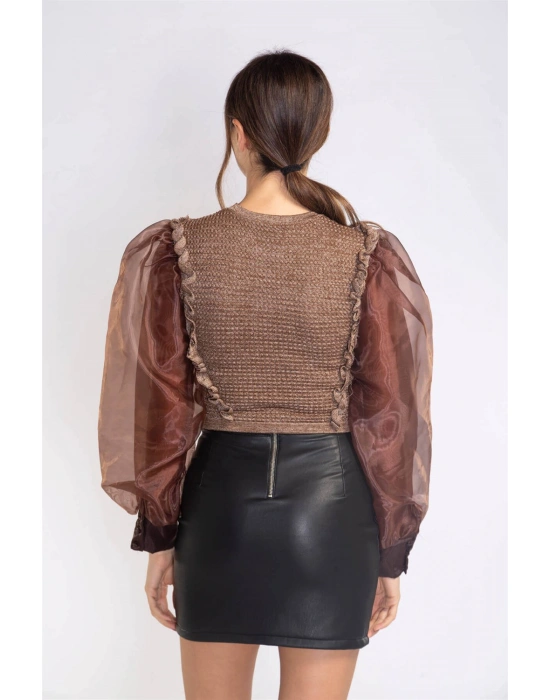 Organze Balon Kol Bluz-KAHVERENGİ