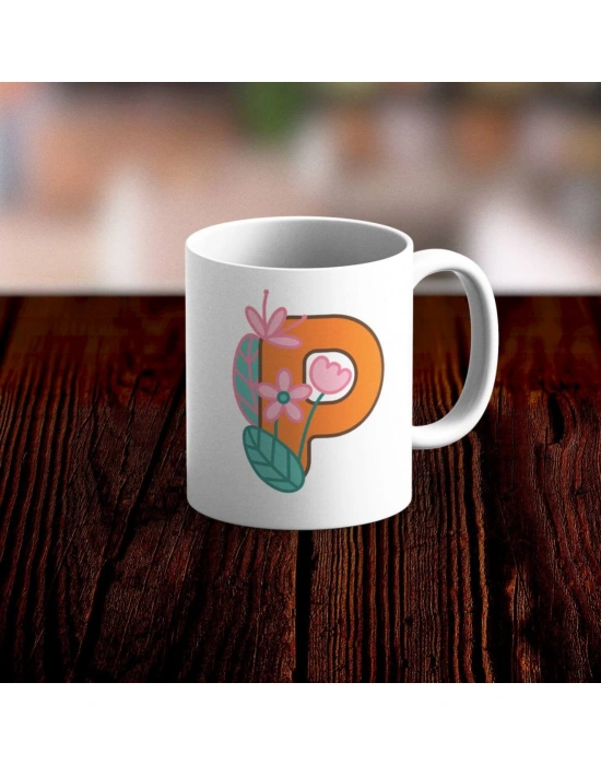 Özel Tasarım P Harfi Beyaz Kupa Bardak