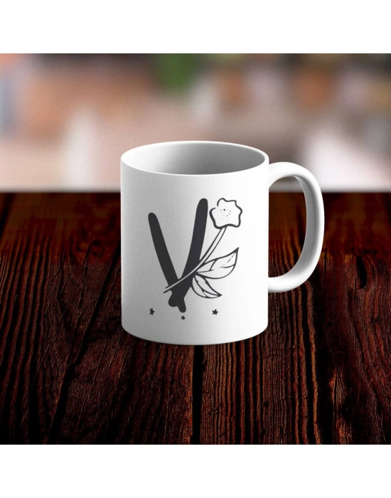 Özel Tasarım V Harfi Beyaz Kupa Bardak