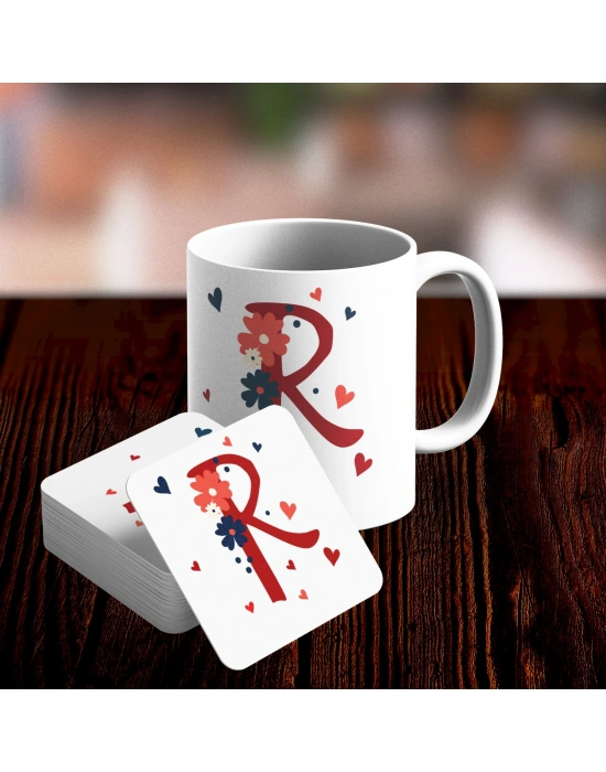 R Harfi Tasarımlı Kupa ve Bardak Altlığı Seti