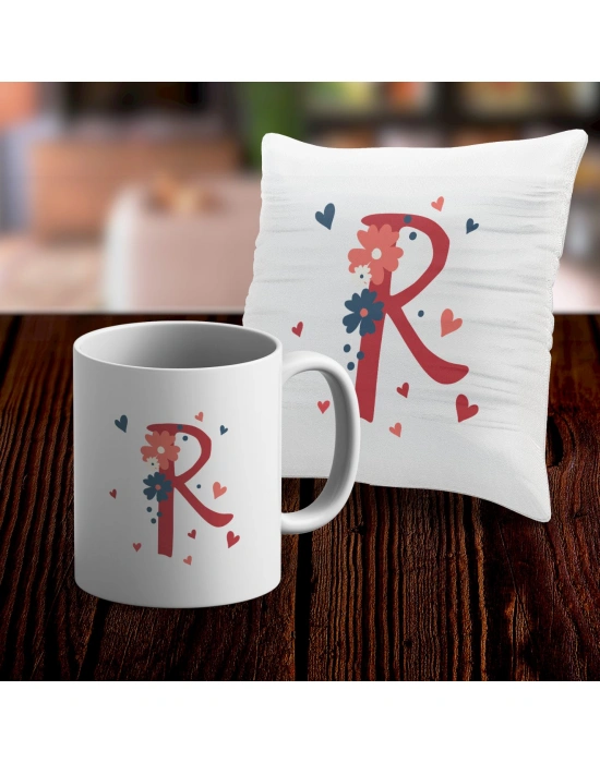 R Harfi Tasarımlı Kupa ve Yastık Kılıfı Hediye Seti