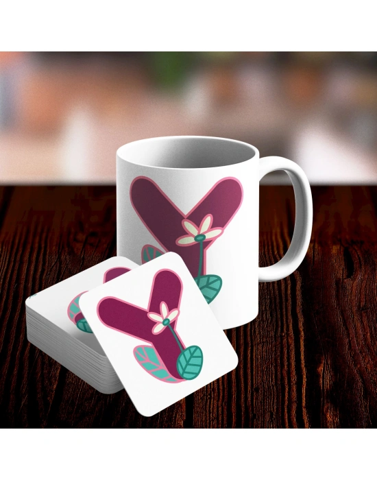 Y Harfi Tasarımlı Kupa ve Bardak Altlığı Seti