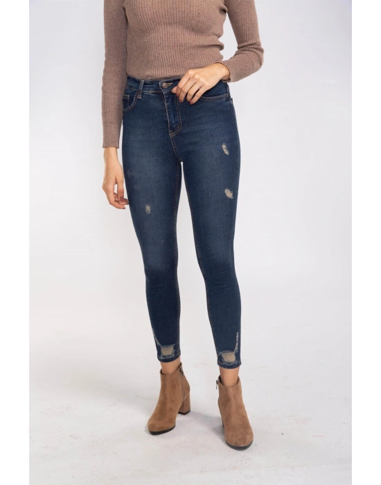 Yırtık Detaylı Skinny Jean Pantolon-LACİVERT