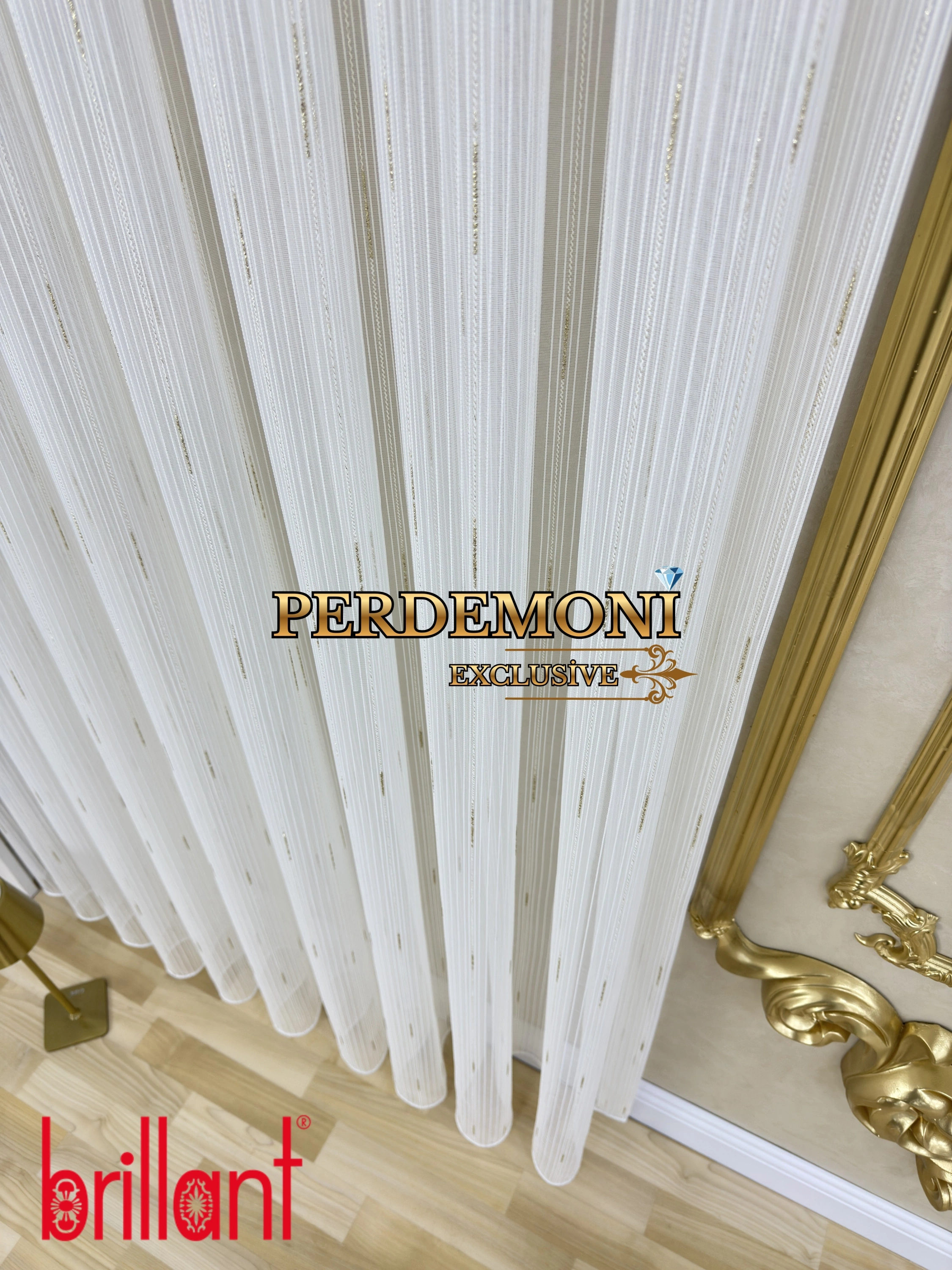 Damla Gold Çizgili Etek Kurşunlu Tül Perde Brillant