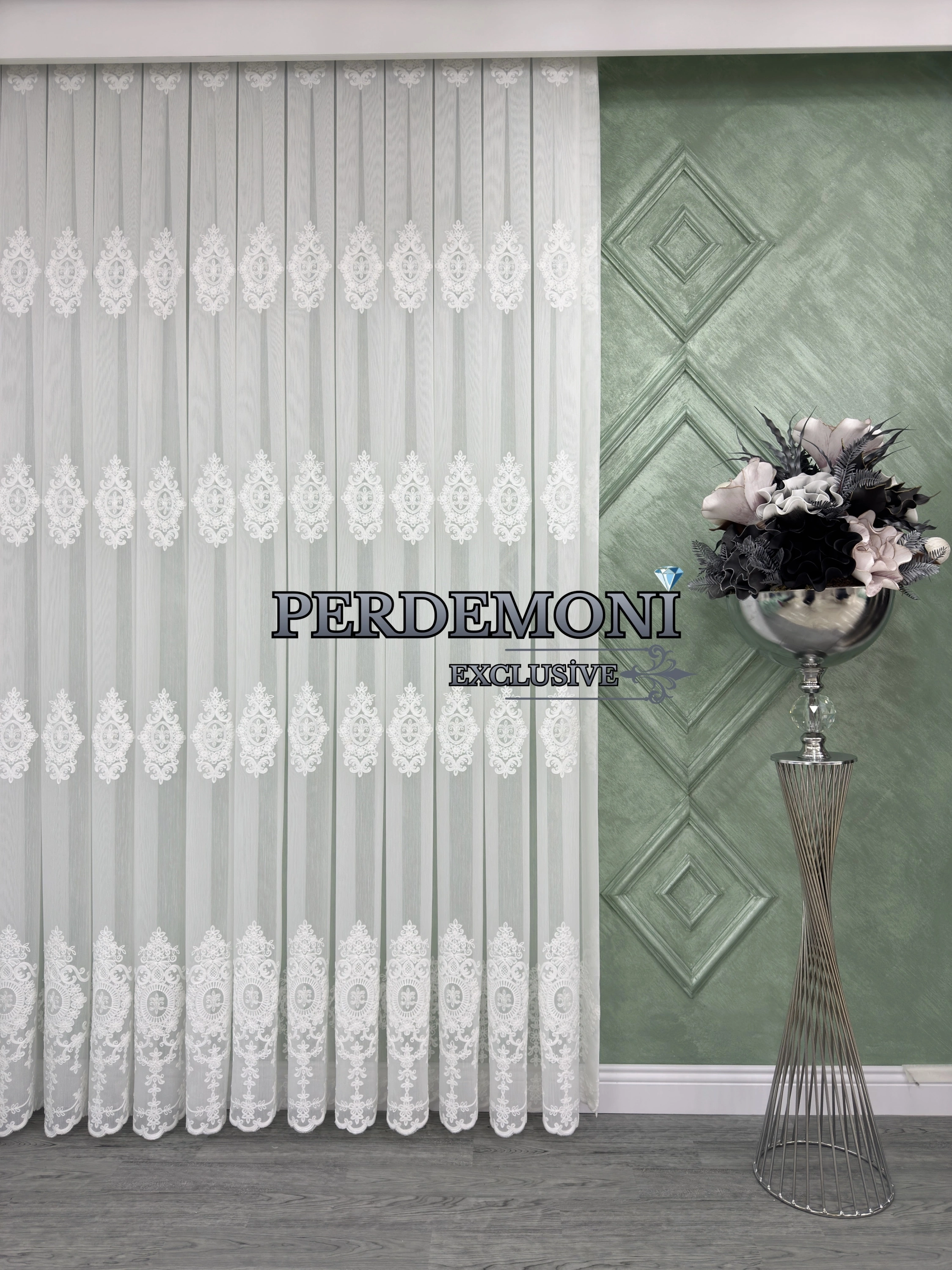 Cesar Desen Bambu Zemin Ekru Nakışlı Tül Perde