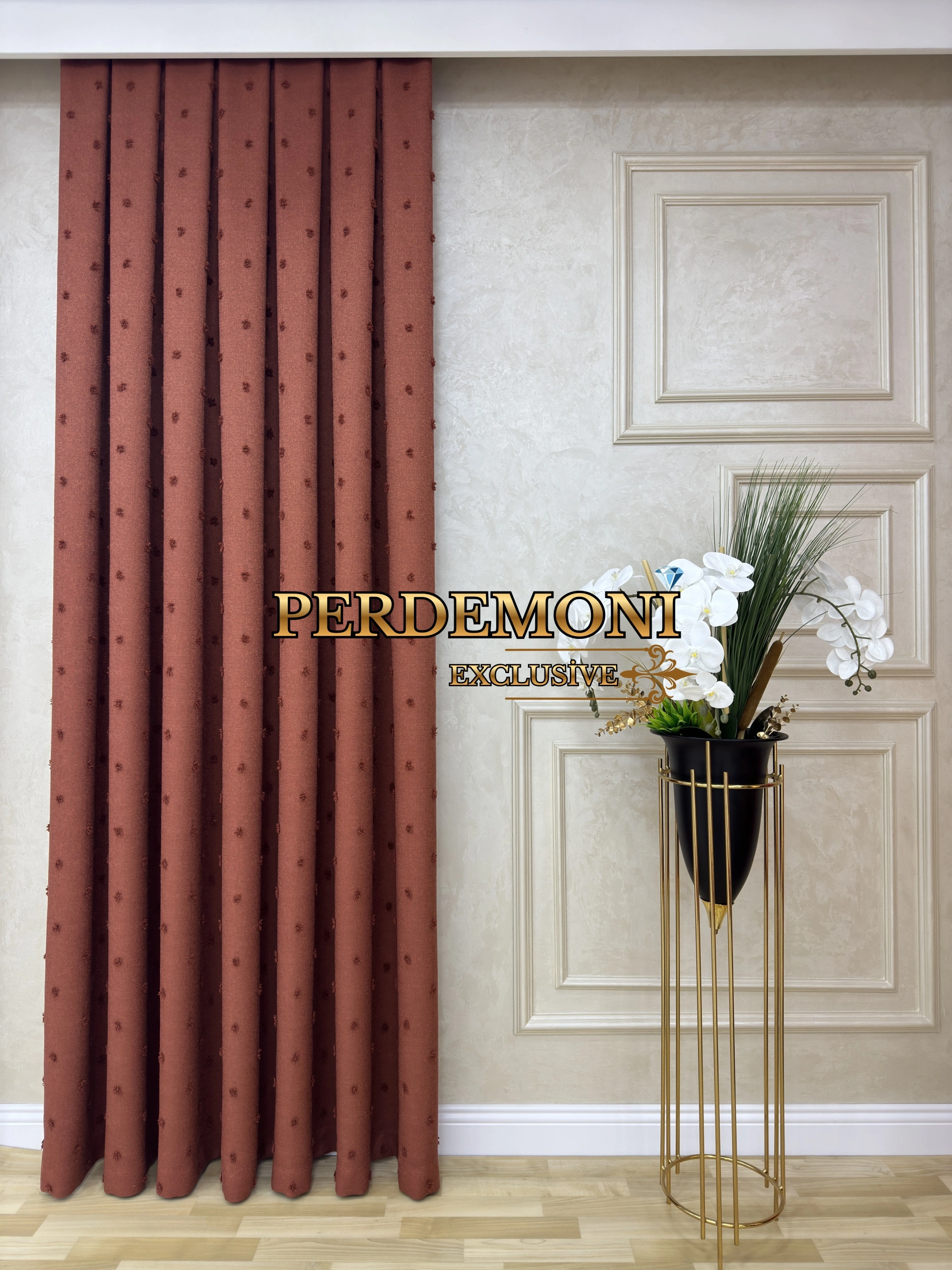 CITY Desen Ponponlu Yeni Sezon Kiremit Rengi Fon Perde