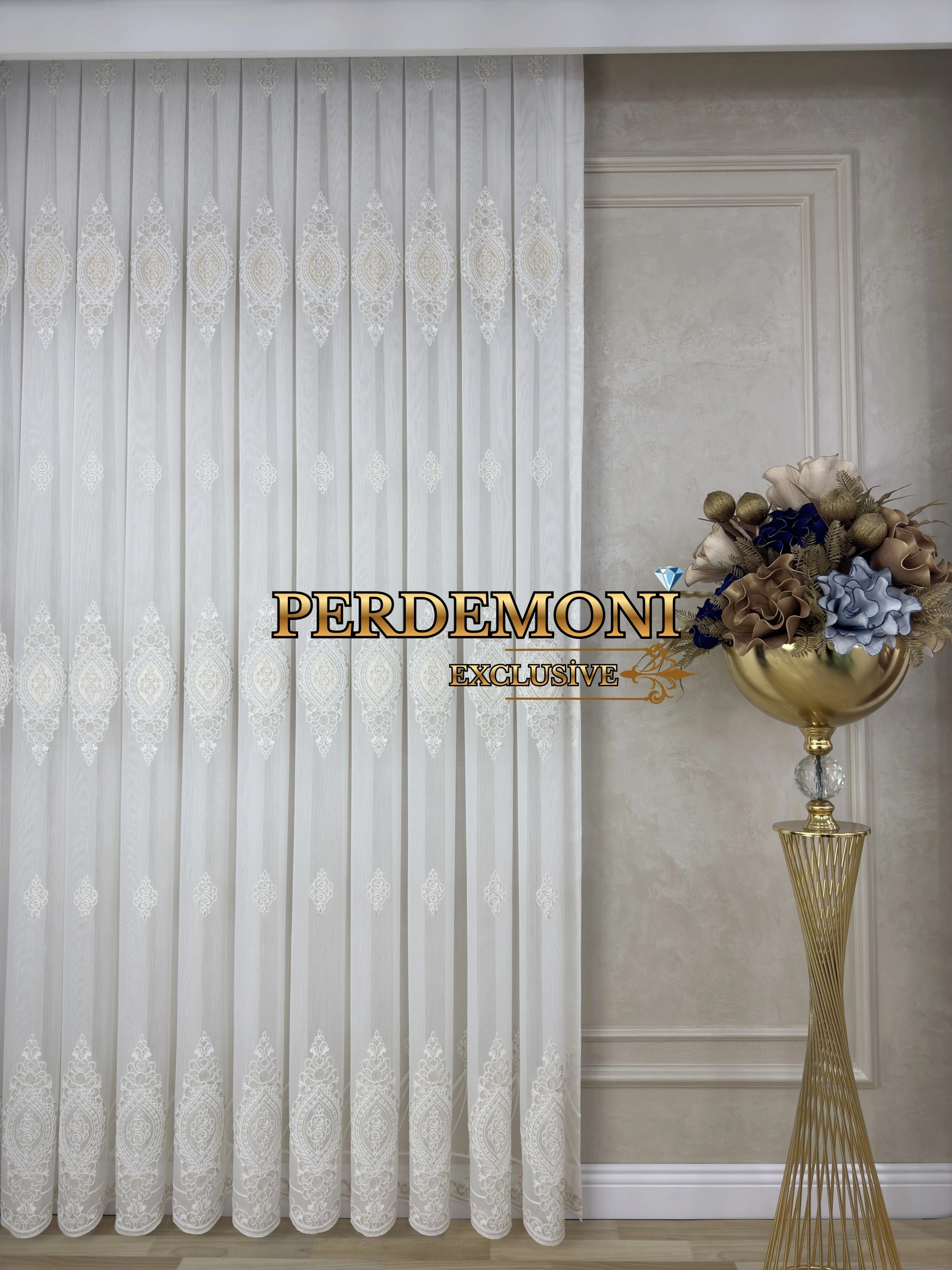 Lotus Desen Bambu Zemin Ekru Nakışlı Tül Perde