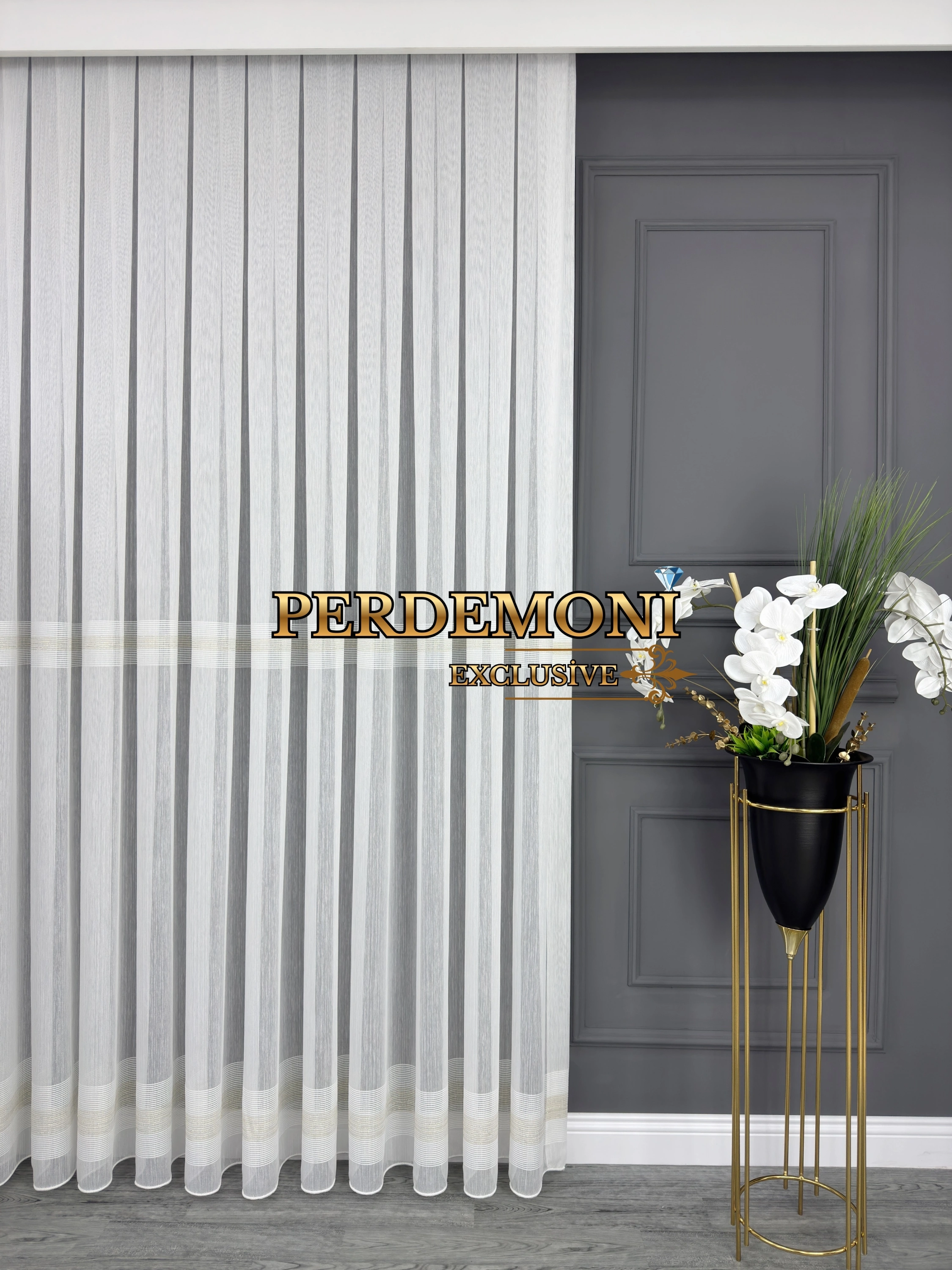 Sude Desen Gold Renk Etek Bantlı Kurşunlu Tül Perde Ütü İstemez