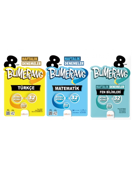 GÜNAY YAYINLARI 8.SINIF BUMERANG 32 HAFTALIK TÜRKÇE - MATEMATİK - FEN BİLİMLERİ DENEMELERİ (3 KİTAP)