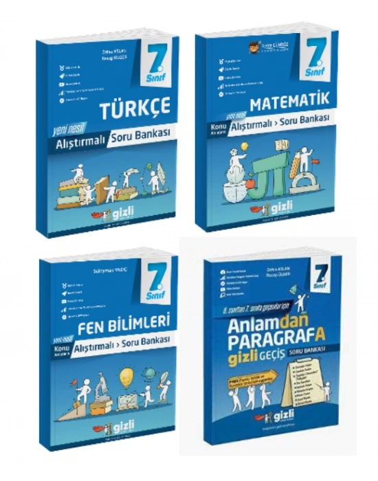 Gizli Yayınları 7. Sınıf Türkçe+Matematik+Fen Bilimleri+Paragraf Alıştırmalı Soru Bankası