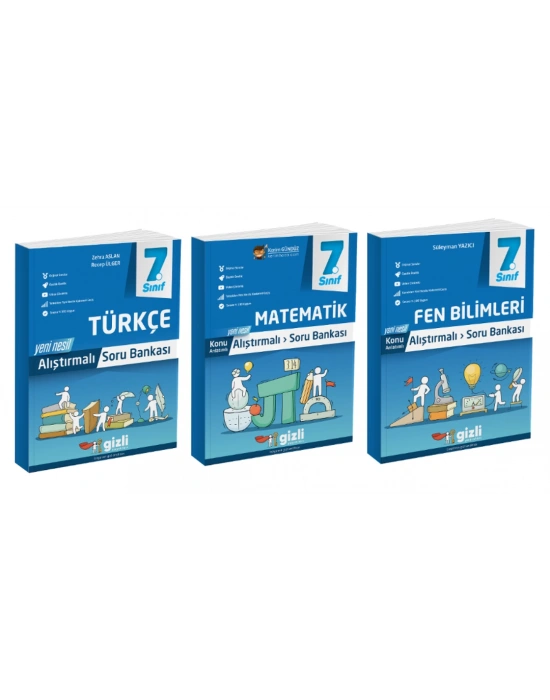 Gizli Yayınları 7. Sınıf Türkçe + Matematik + Fen Bilimleri Alıştırmalı Soru Bankası