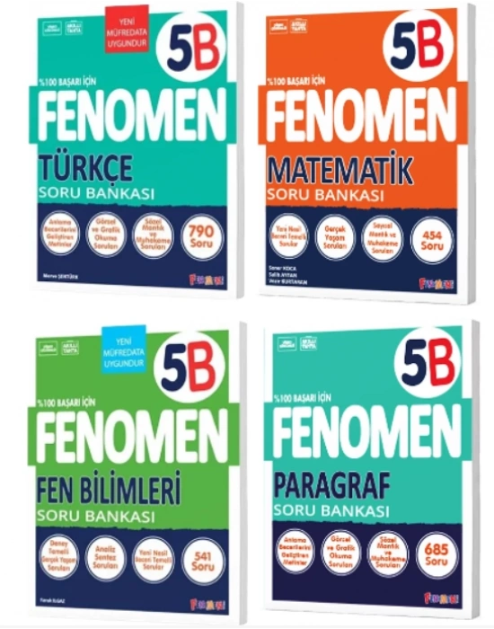 FENOMEN YAYINLARI 5 Türkçe B + Matematik B + Fen Bilimleri B + PARAGRAF B Soru Bankası