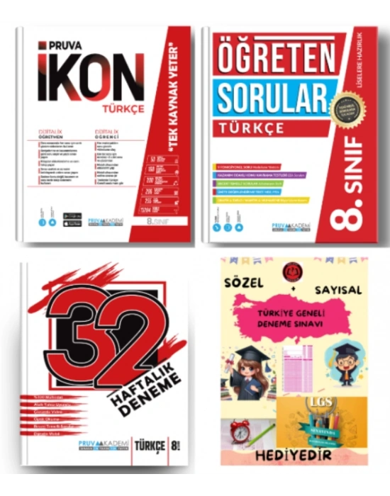 PRUVA AKADEMİ YAYINLARI 8.SINIF TÜRKÇE İKON SORU BANKASI+32 HAFTA TÜRKÇE DENEME+TÜRKÇE ÖĞRETEN SORULAR+HEDİYE