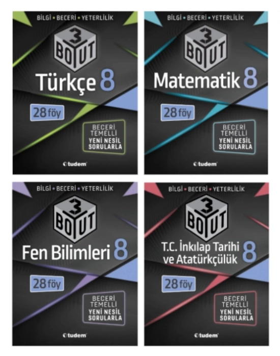 TUDEM YAYINLARI 8.SINIF LGS 3 BOYUT TÜRKÇE - MATEMATİK - FEN BİLİMLERİ - T.C İNKİLAP TARİHİ  BECERİ TEMELLİ SORU BANKASI