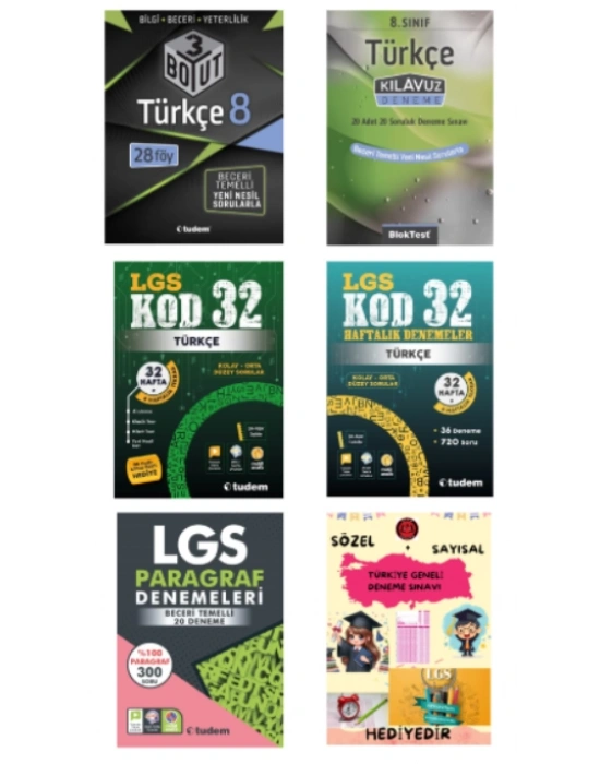 TUDEM YAYINLARI LGS TÜRKÇE 3 BOYUT - TÜRKÇE KLAVUZ DENEME - TÜRKÇE KOD 32 - TÜRKÇE 32 HAFTALIK DENEMELER - LGS PARAGRAF DENEME - HEDİYE