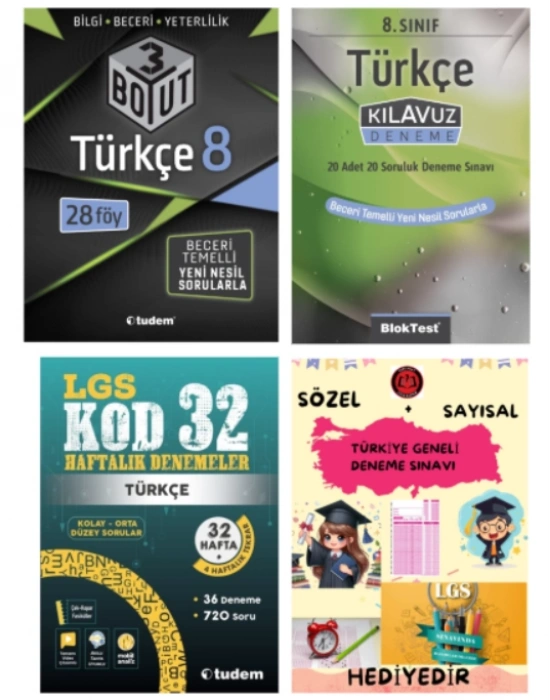 TUDEM YAYINLARI LGS TÜRKÇE 3 BOYUT BECERİ TEMELLİ SORU BANKASI - TÜRKÇE KLAVUZ DENEME - TÜRKÇE KOD 32 HAFTALIK DENEME - HEDİYE