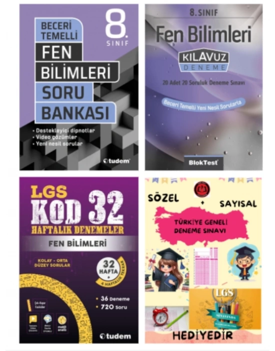 TUDEM YAYINLARI LGS FEN BİLİMLERİ BECERİ TEMELLİ SORU BANKASI - FEN BİLİMLERİ KLAVUZ DENEME - FEN BİLİMLERİ 32 HAFTALIK DENEMELER - HEDİYE