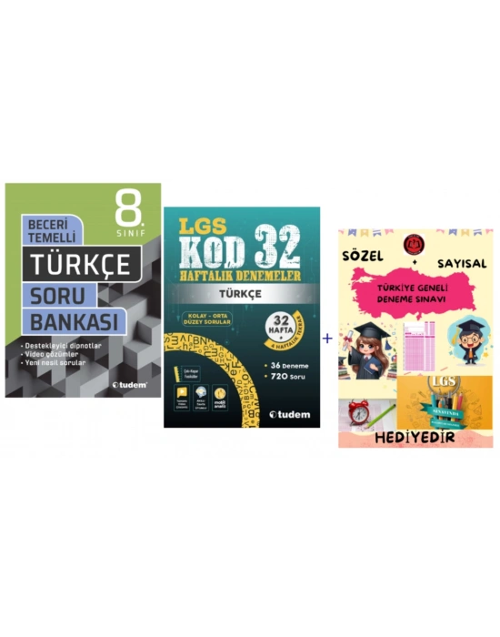 TUDEM YAYINLARI LGS TÜRKÇE BECERİ TEMELLİ SORU BANKASI - LGS TÜRKÇE KOD 32 HAFTALIK DENEMELER - HEDİYE