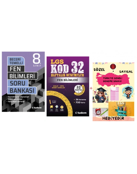 TUDEM YAYINLARI LGS FEN BİLİMLERİ BECERİ TEMELLİ SORU BANKASI - FEN BİLİMLERİ KOD 32 HAFTALIK DENEMELER- HEDİYE