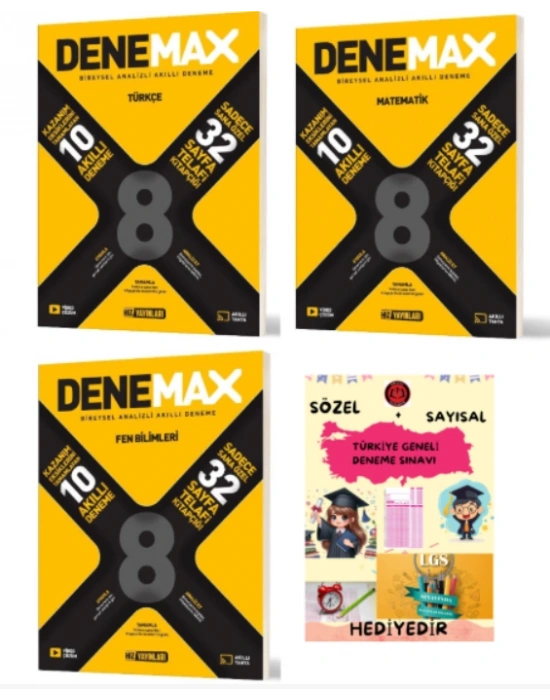 HIZ YAYINLARI Denemax 8. Sınıf Türkçe - Matematik - Fen Bilimleri 10lu Akıllı Deneme ve HEDİYE