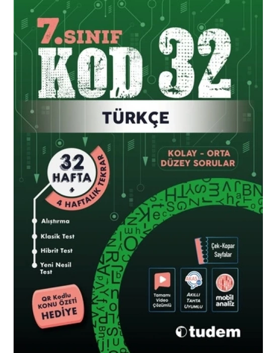 TUDEM YAYINLARI 7.SINIF TÜRKÇE KOD 32 HAFTA TEKRAR TEST KİTABI