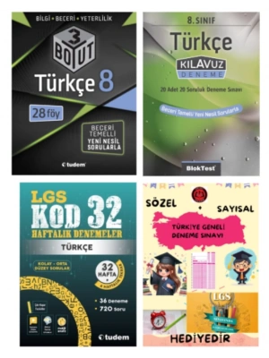 TUDEM YAYINLARI LGS TÜRKÇE 3 BOYUT BECERİ TEMELLİ SORU BANKASI - TÜRKÇE KLAVUZ DENEME - TÜRKÇE KOD 32 HAFTALIK DENEME - HEDİYE